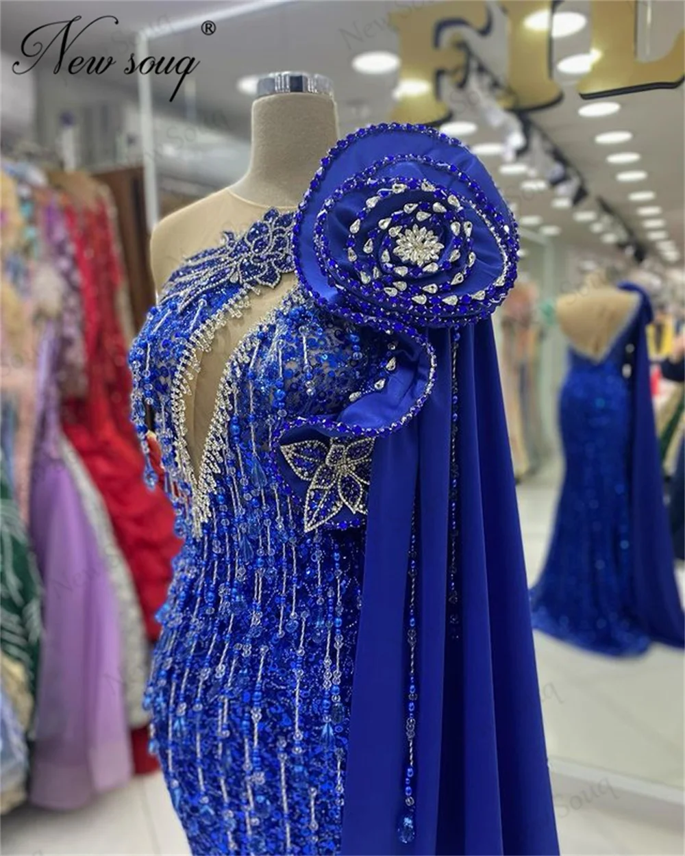 Aso Ebi Royal Blue abiti da sera una spalla abito di fidanzamento cristalli arabi nappa sirena abiti da festa di nozze Cocktail