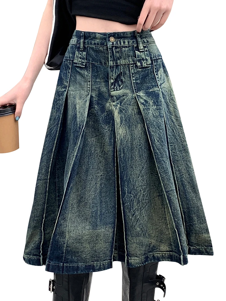 

S-4XL Women Jeans Skirts Summer New High Waist A-Line Pleated Loose Casual Blue Midi Denim Skirts Female Streetwear Y2K Jeans