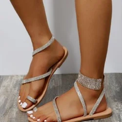 New Summer Flat Sandals Pearl Embellished Sandals Leather Flats Women's Beach Beach Resort Shoes Shiny Plus Size Womens Sandals