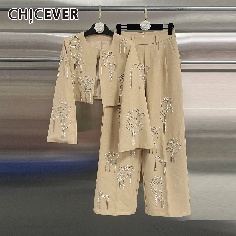 

CHICEVER Хаки, сращенный бисер, комплект из двух предметов, женская куртка с круглым вырезом и длинными рукавами, роскошные женские брючные комплекты, модный стиль