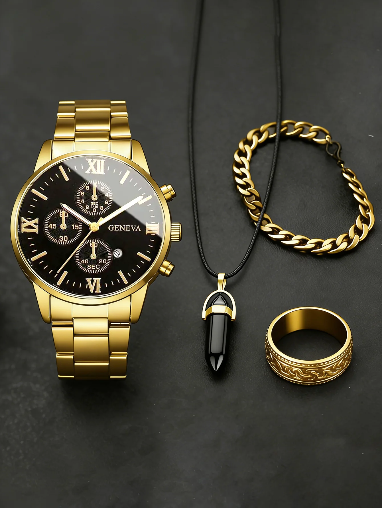 Casual Fashion Men's Quartz Watch Set with Bullet Head Pendant Calendar Function Birthday Gift Versatile for Daily Wear