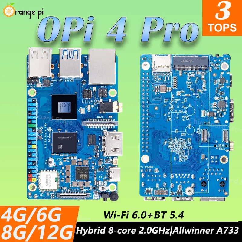 

New OPi 4 Pro 2GB/6GB/8GB/12GB LPDDR5 Board Allwinner A733 Chip 3Tops NPU Wi-Fi6.0+BT5.4 M.2 M-Key Slot Orange Pi Single Board