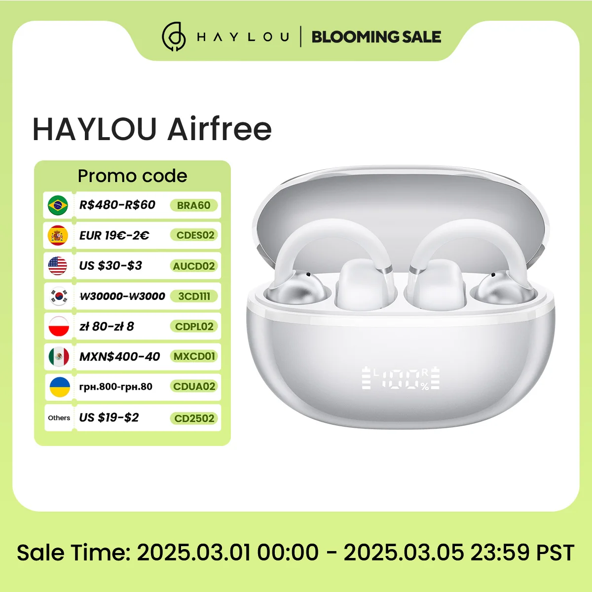 Haylou airfree ear clip fones de ouvido bluetooth 5.4 sem fio ai redução ruído tws esportes com display led inteligente