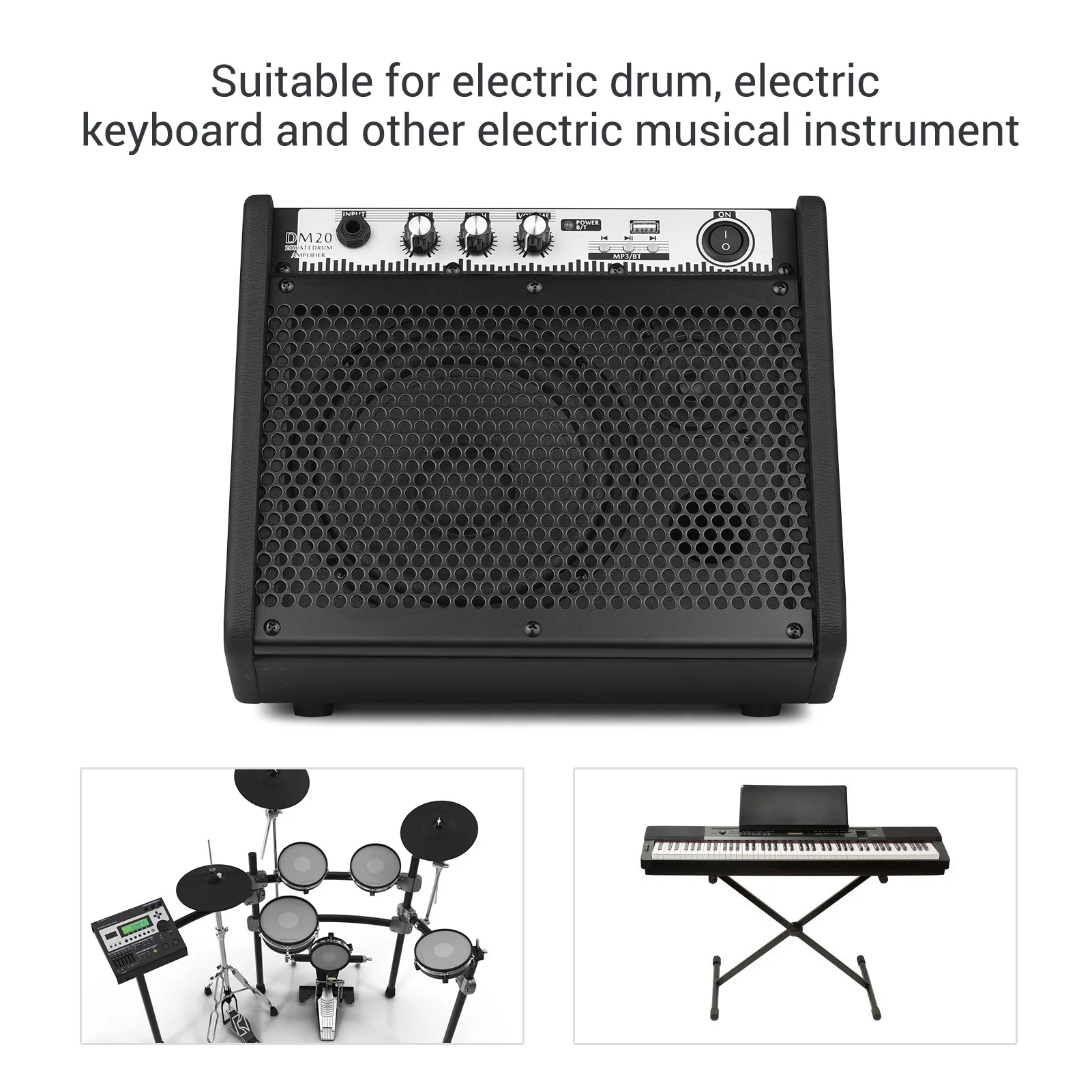 COOLMUSIC DM20 20W Electric Drum Amplifier Keyboard Amp Wireless BT Speaker 2-Band EQ Supports USB MP3 Player Function