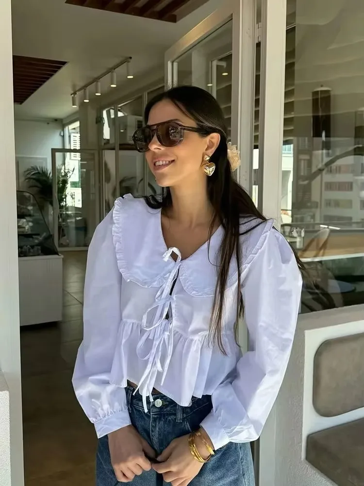 HH Camicia da donna dolce tinta unita Camicette a maniche lunghe con fiocco sul davanti Camicette eleganti bianche per camicie casual estive da donna