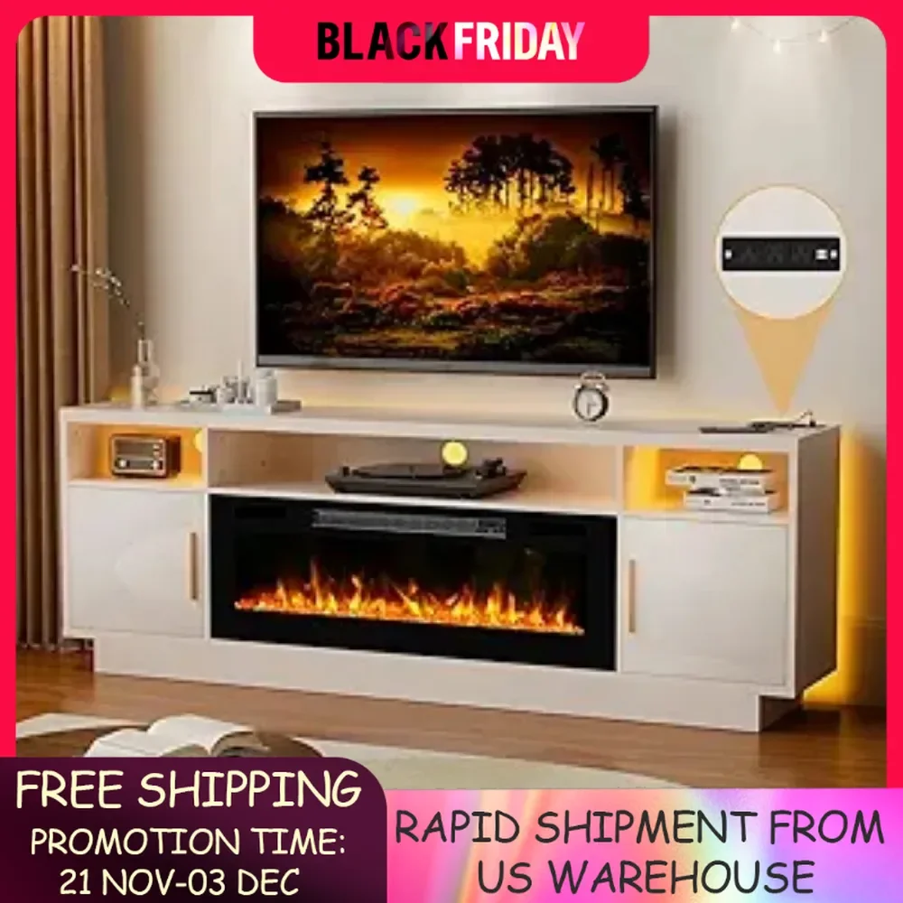 70'' TV Stand with 36'' Fireplace-LED Light Entertainment Center for 75+ inch TV-White TV Cabinet Console for Living Room