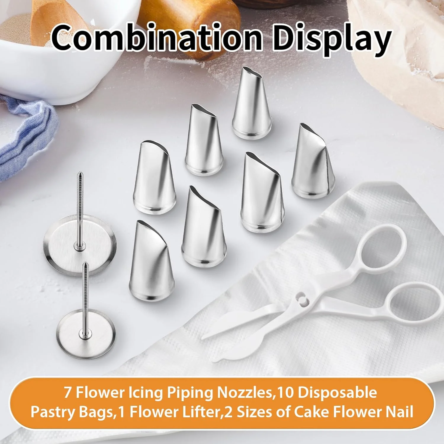 20PCS Rose Cake Decorating Tip Kit-7 Stainless Nozzle Tips + 2 Nails + Scissors + 10 Bags-Professional DIY Cake Baking Tools Set