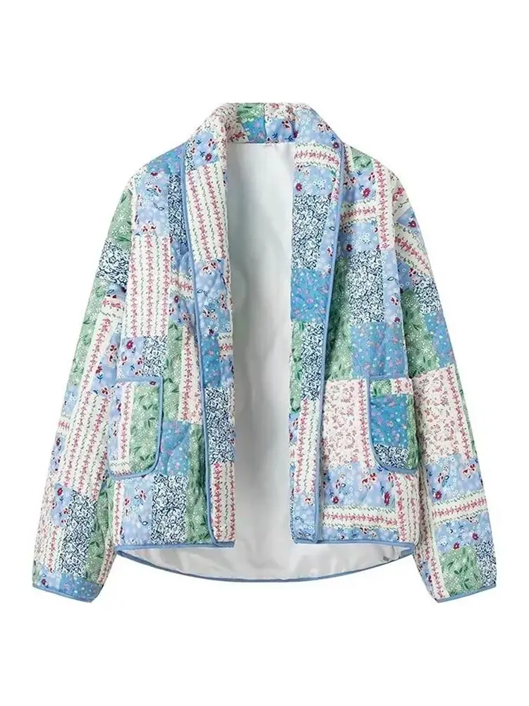 2024 mode Patchwork Floral Bedruckte Kurze Strickjacke Mantel Frauen Süße Revers Mit Taschen Langarm Jacke Dame Hohe Streetwear