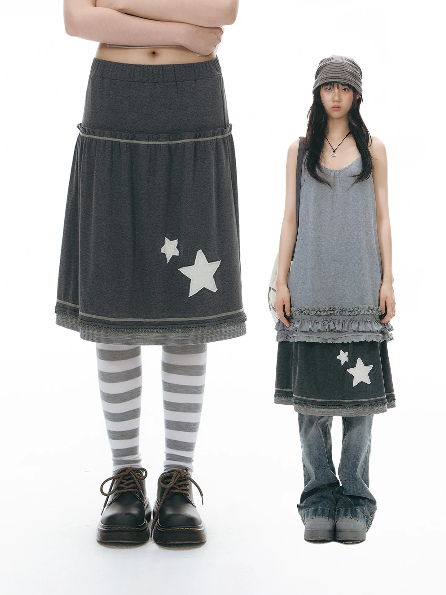 NAPSNAPS Original Star Pattern Knitted Half Skirt Women's Summer New Design Elastic Waist Grey Midi Skirt Ladies A-Line Skirt