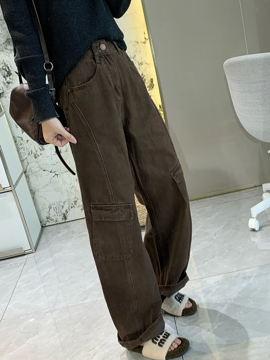 

Джинсы женские широкие, кофейного цвета, на осень-зиму, с высокой талией, из утепленного денима, теплые, на каждый день