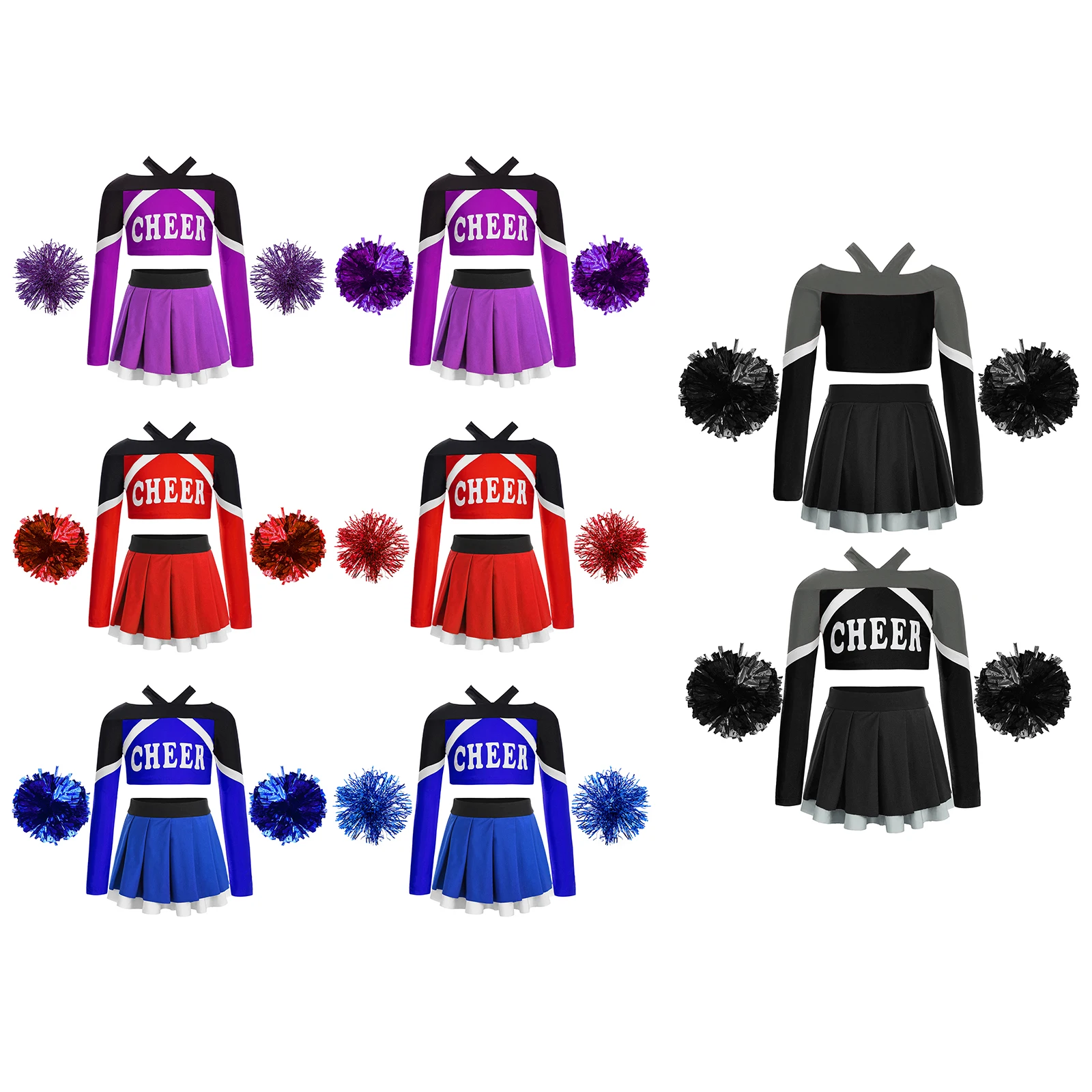 Kids Girls Cheerleader Costume Cheerleading Uniform Performance Outfit Letter Print Crop Top with Pleated Skirt Flower Balls