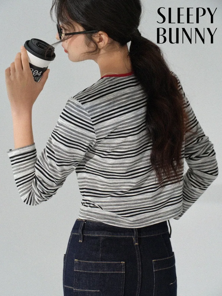 Women Casual Striped Cropped T Shirt Slim Fit Long Sleeve Spring Fashion Contrast Neck Knit Top Lady Chic Everyday Layering Tee