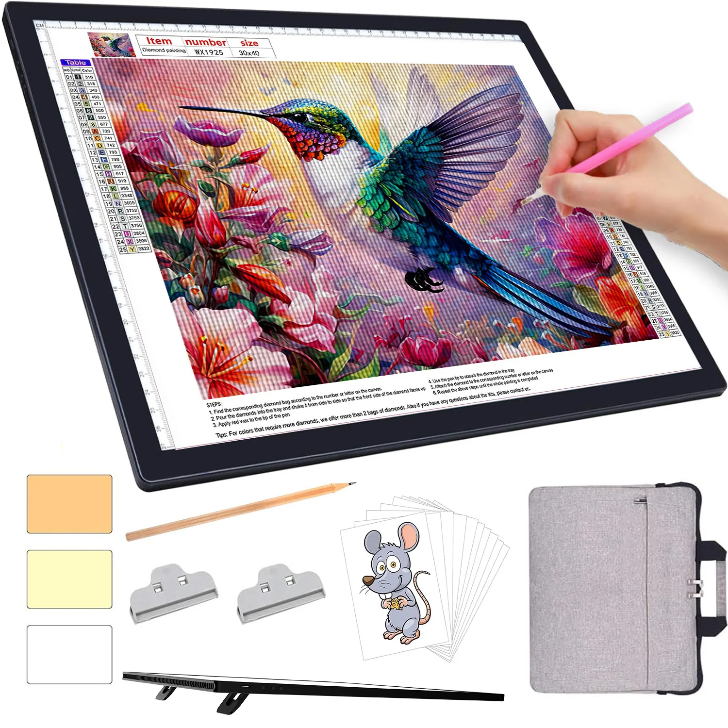 A3 Rechargeable Light Pad With Bottom Bracket, Clip and bag,3000 MAh Battery Powered Light Box For Diamond Painting,Sketching