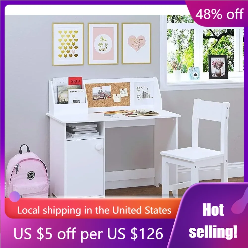 Wooden Kids Study Desk with chair and Hutch and Chair for 3-8 Years Old, Student's Study Workstation for Home School Use