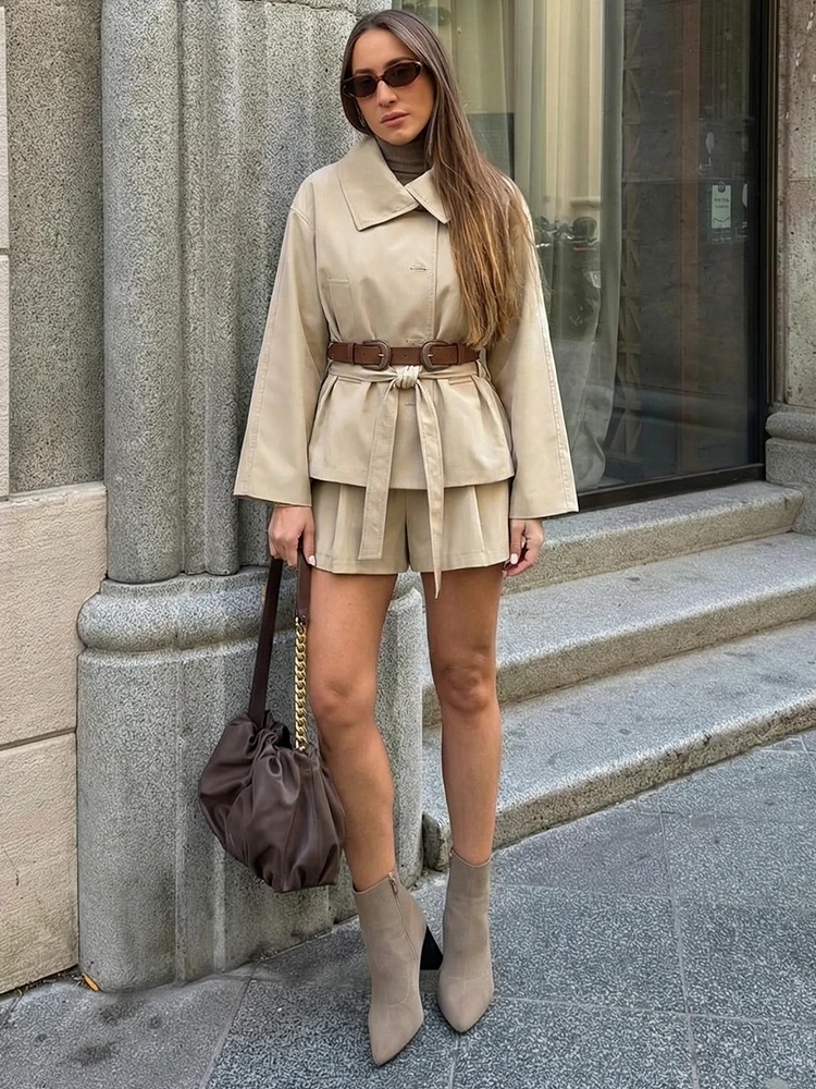 HH Spring Elegant Women Windbreaker Shorts Sets Commute Lapel Pocket Trench Coat With Belt+High Waist Shorts High Street Suits