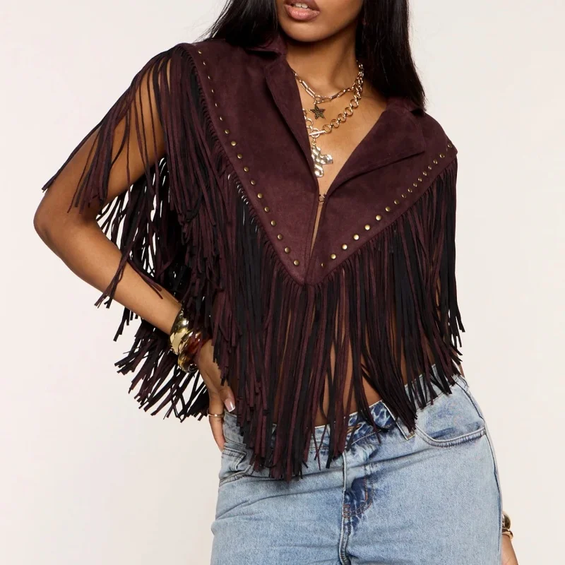 Women Studded Suede Collar Shawl Scarf Wrap Western Fringe Sleeveless Lapel Collar Riveted Tasseled Irregular Outwear Gilet