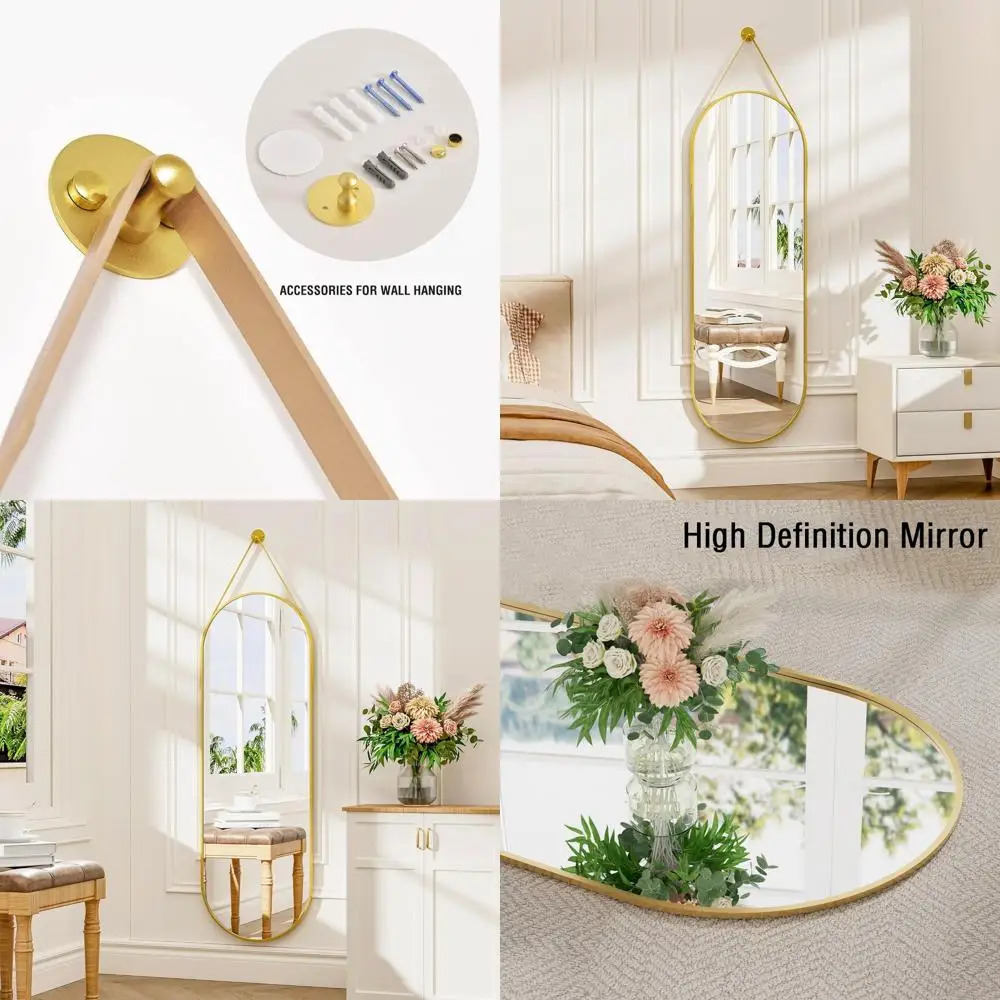 

Элегантное овальное подвесное зеркало в алюминиевой рамке с кожаным ремешком, идеально подходящее для просмотра в полный рост в ванной комнате, гостиной или кровати