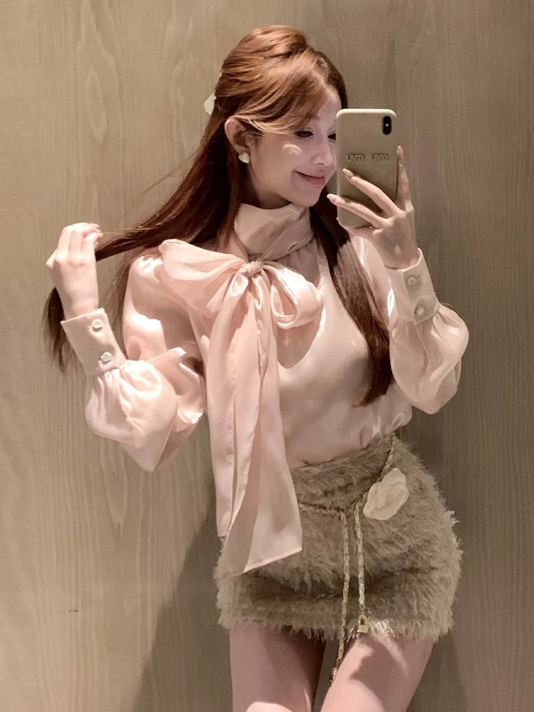 

Sweet Ele Glowing Knot Long Sve Комплект с пушистой юбкой и ор с высокой талией Женский модный осенний наряд