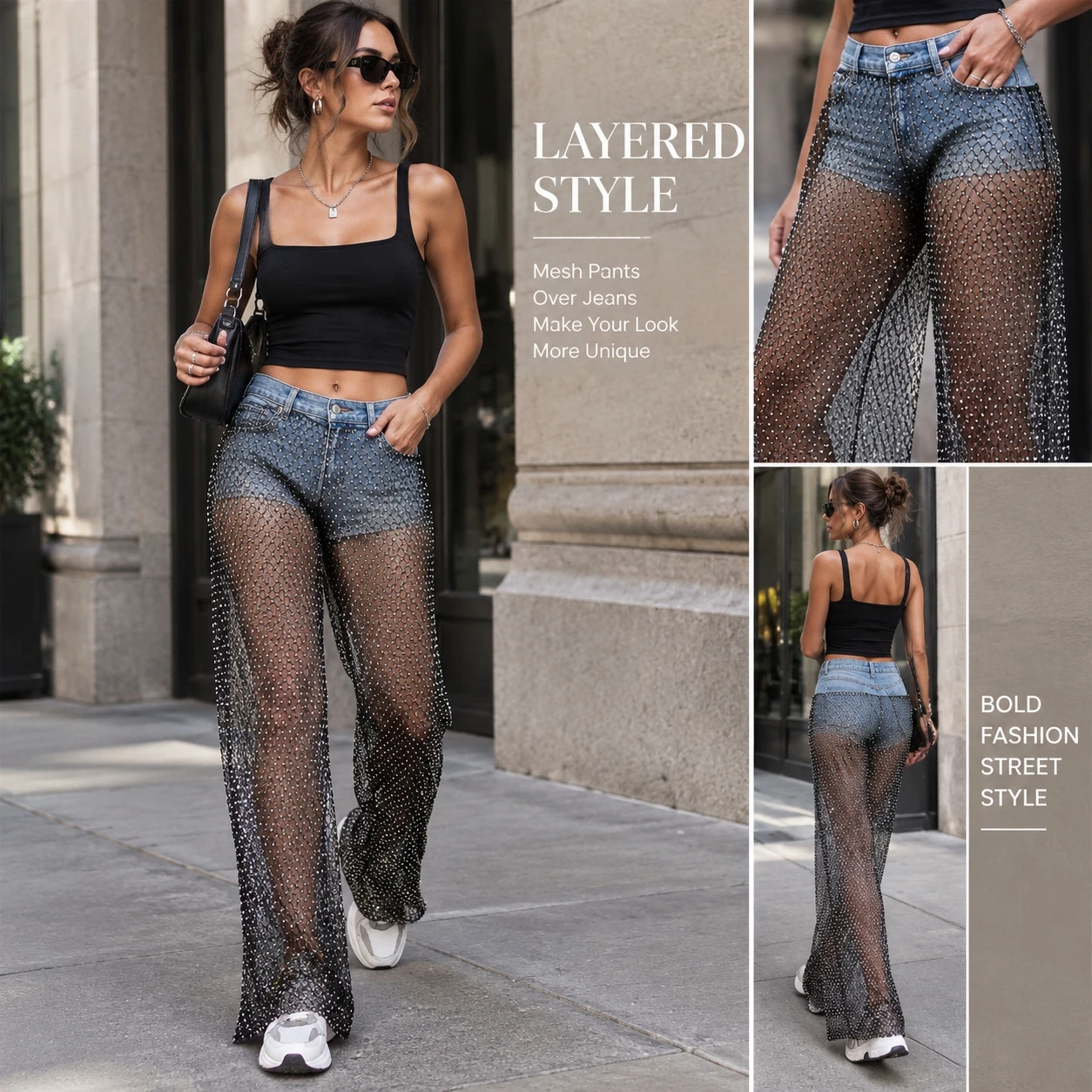 Ladies Mesh Wide Leg Pants Rhinestone High Waist Slim Fit Sheer Pants Layer Over Jeans for Halloween Party ChristmasNight Club