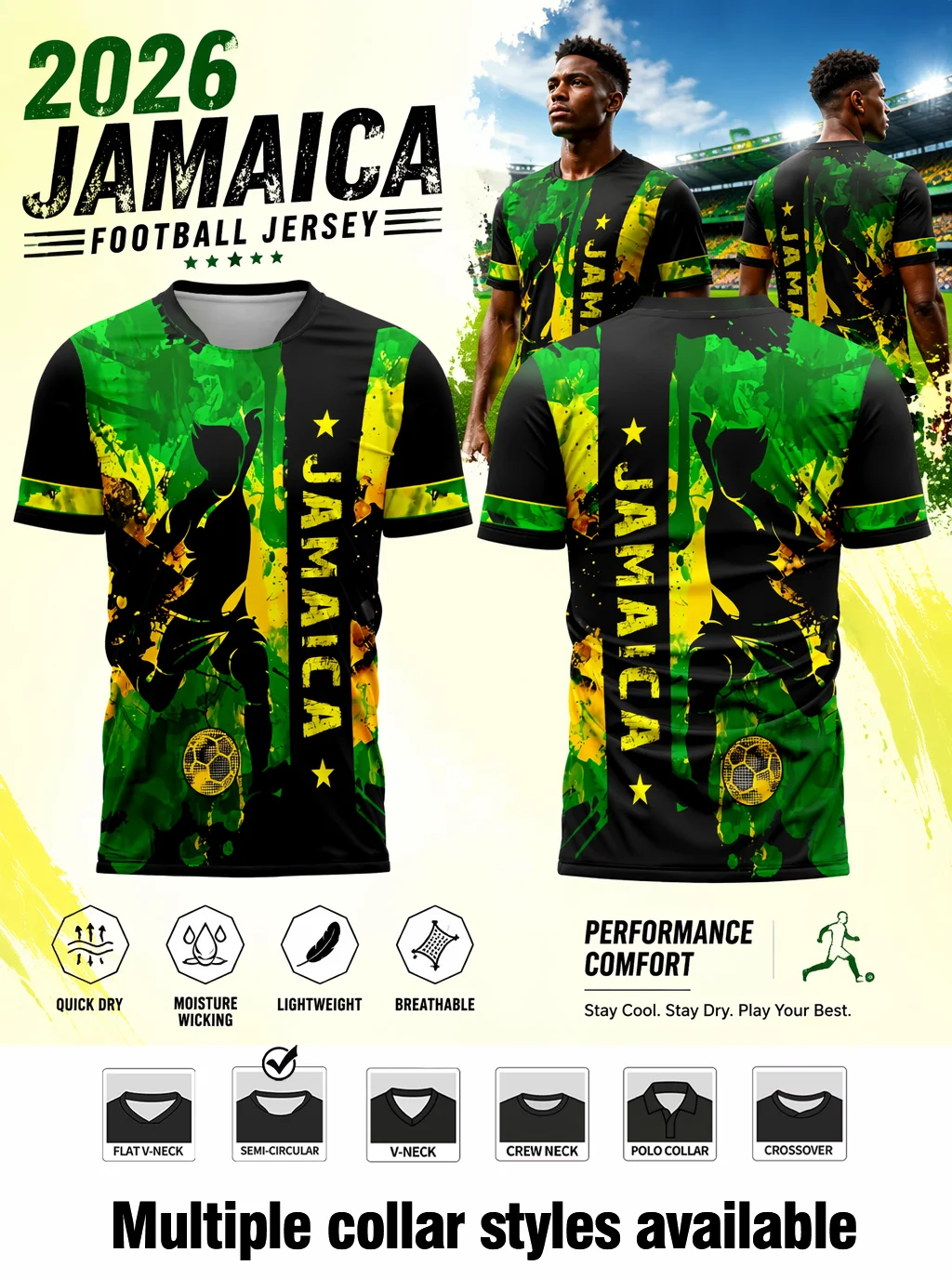 Flag‑toned Jamaica football jersey with sport‑themed prints, mesh quick‑dry fabric to show loyal local‑fan passion