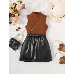 2PCS Fashion Child Girl Clothes Set Sleeveless T-shirt +Leather Skirt Costume Summer Birthday Party Suit for Kids Girl 2-7 Years