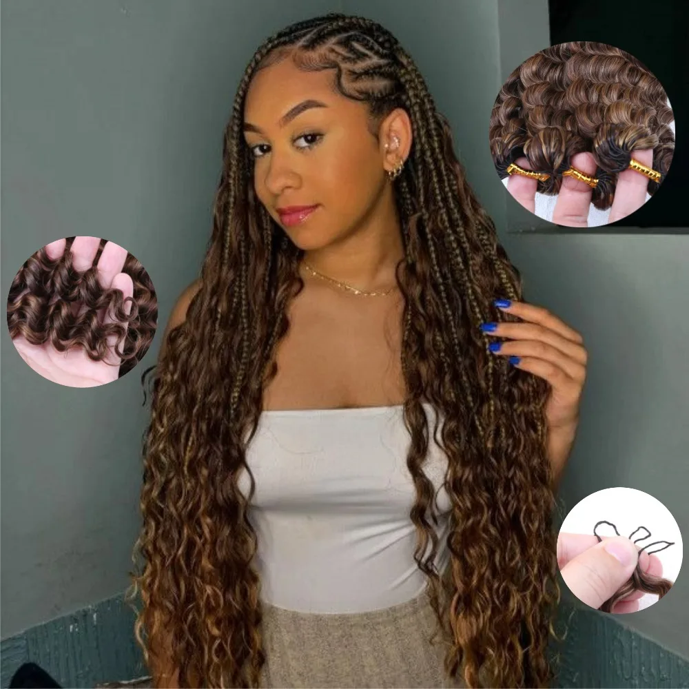 #4/27 Highlight Color Deep Wave 100% Raw Brazilian Human Hair Extensions Pre Separated Feather Crochet Boho Braids Hair Invisible Miracle Knots For Braiding Lightweight Soft & Tangle-Free Hair