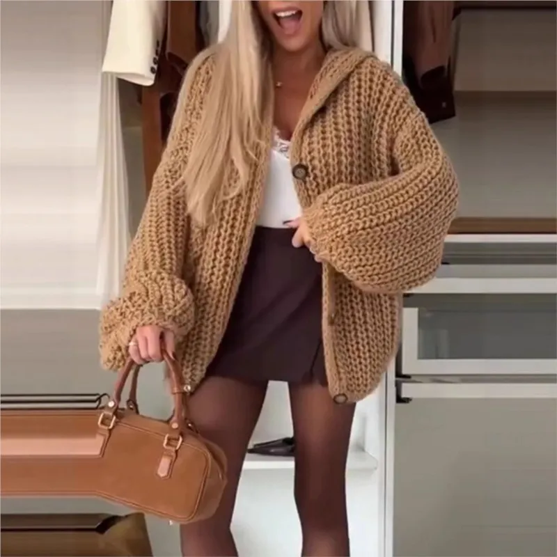

Vintage Casual Women's Cardigan Sweater 2025 Autumn/Winter Knited Solid color Lantern Sleeve Streetwear Tops Coat Women Outfits