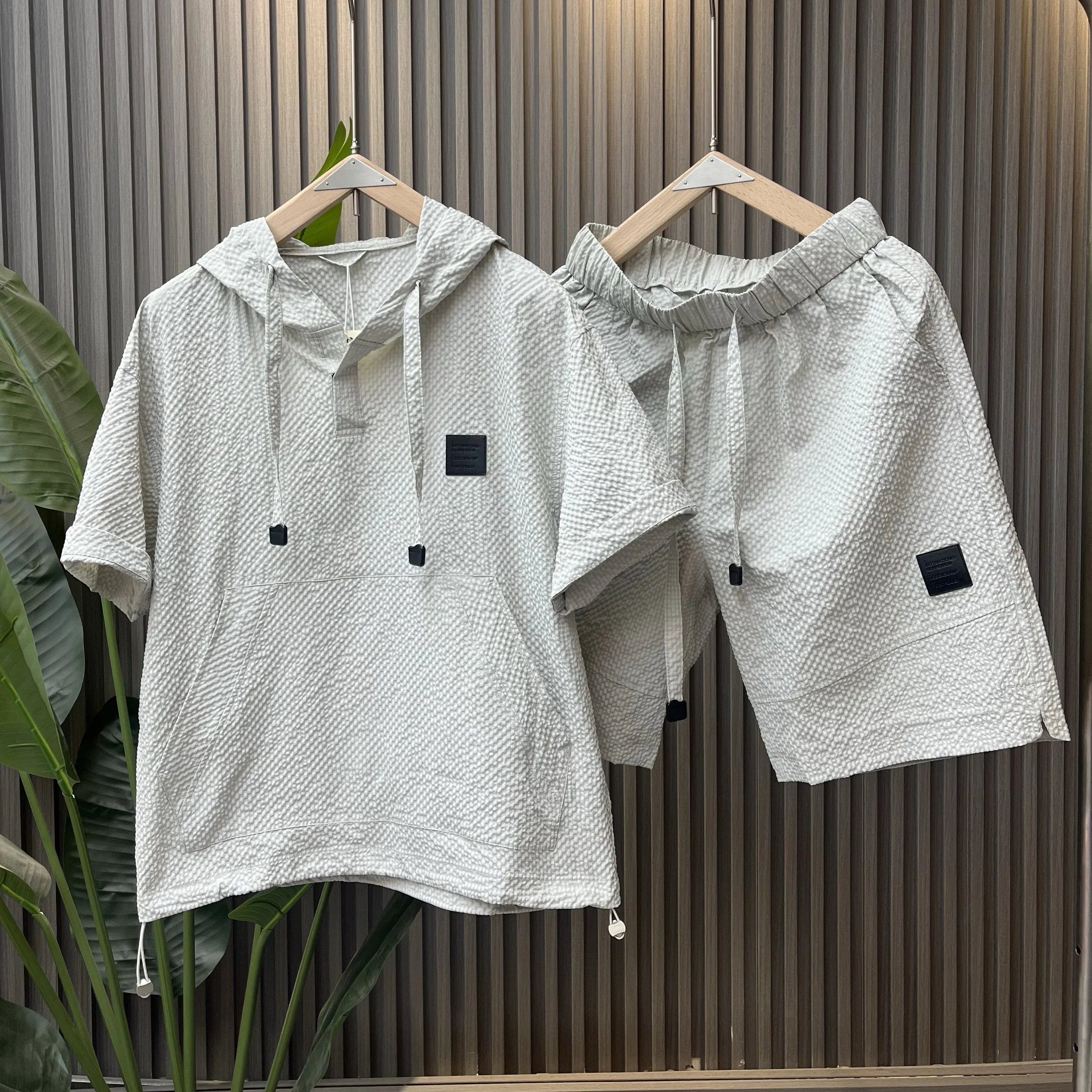 

Summer New Men's Casual Foam Material Set Faionable All-Match Hoodie ort Sve orts Two-Piece Set Polyester Fabric