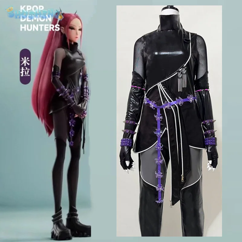أزياء رومي ميرا زوي HUNTR/X KPop شيطان الصيادين التأثيرية زي جديد من الجلد الأسود للبالغين والأطفال والنساء طقم بدلة الهالوين