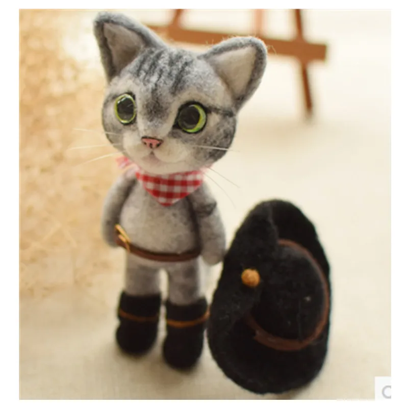 

Cowboy black gray cat cartoon set wool needlepoint kit wool felt needle felting decoration craft needlecraft DIY gift idea