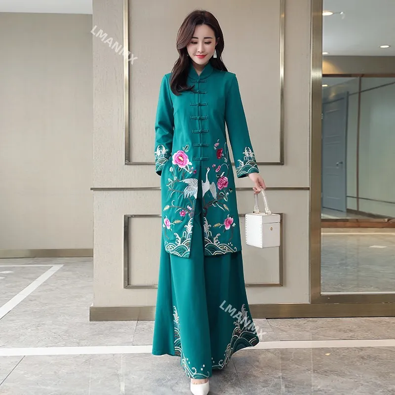 2 Piece Set for Women Party Chinease National Style Printed Tang Suit Wide Leg Pants Set Floral Cheongsam Trousers