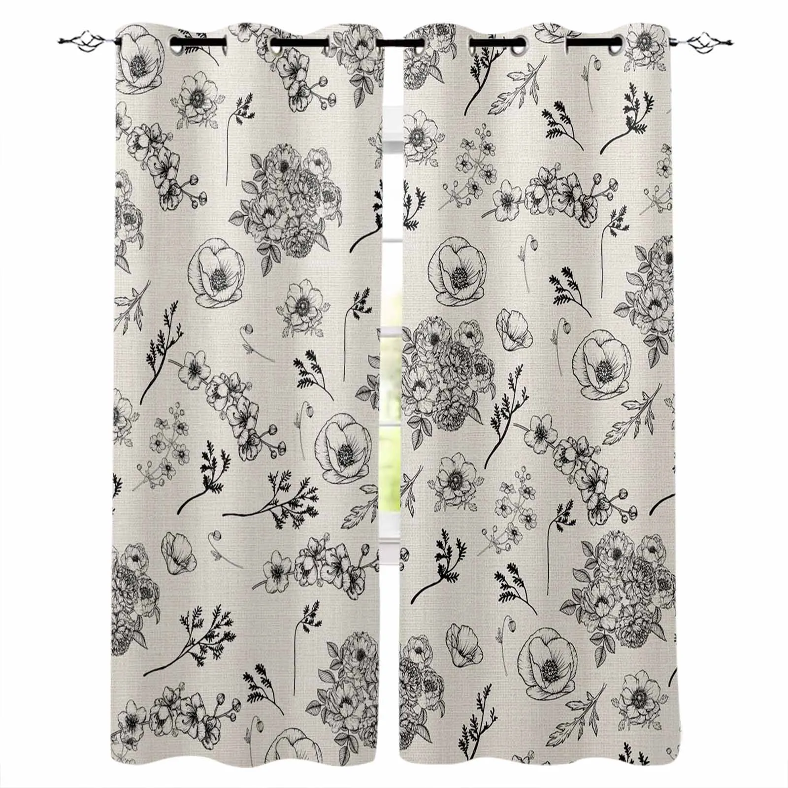 Sketching Flower Leaves Window Curtain Living Room Kitchen Curtain Panel Blackout Curtains For Bedroom