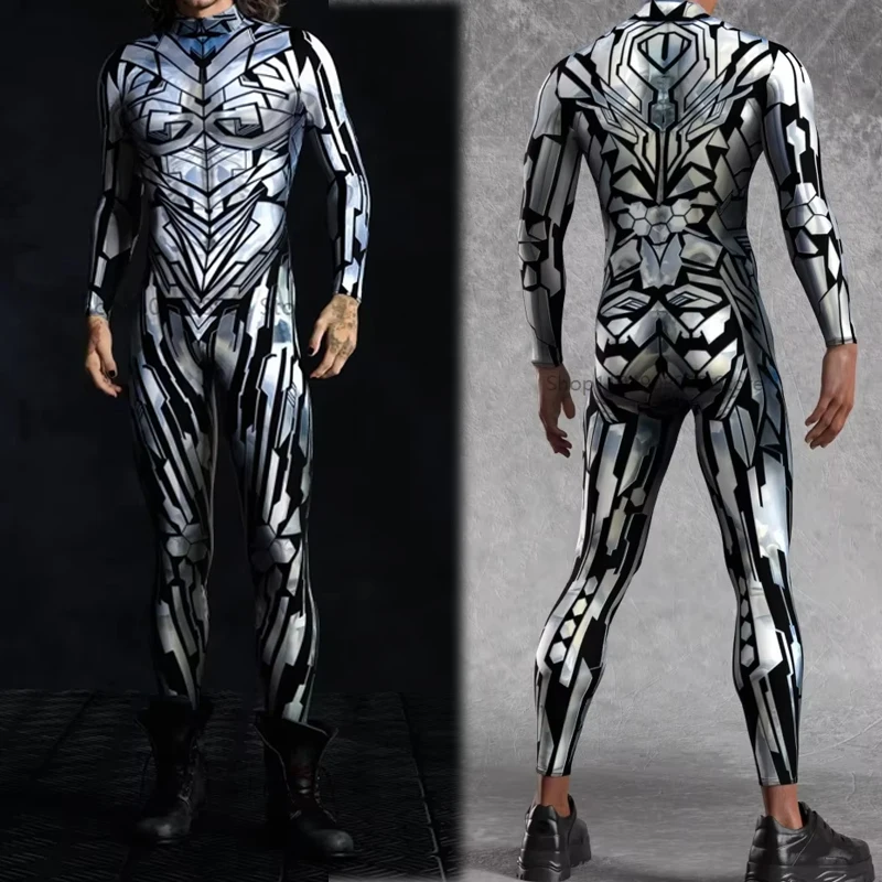 Men Mechanical Armor Bodysuit Cyber Jumpsuit Halloween Party Cosplay Steampunk Silver Costume Zentai Suit PerformanceRompers
