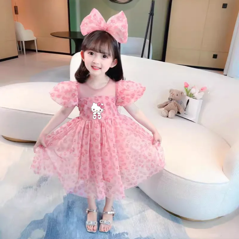 New Sanrio Hello Kitty My Melody Children Dress Summer New Short-Sleeved Girl Princess Dress Cute Mesh Tutu Skirt Children Gift