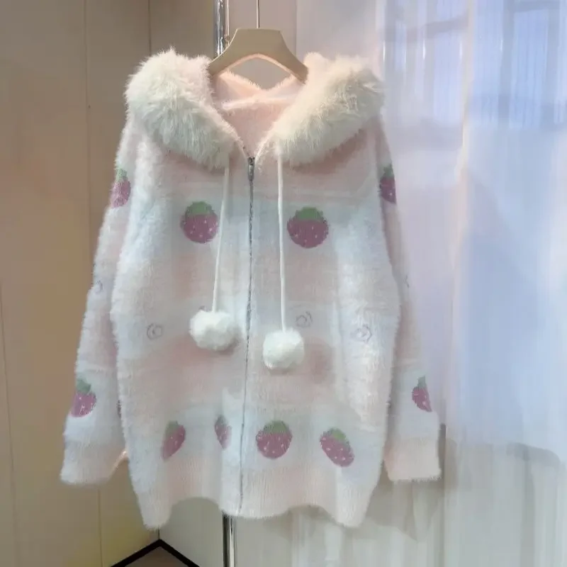 2026 Fall Winter Clothing Women's Sweater Coats Sweet Pull Femme Strawberry Hooded Knitting Cardigan Tops Fashion Sueter Mujer