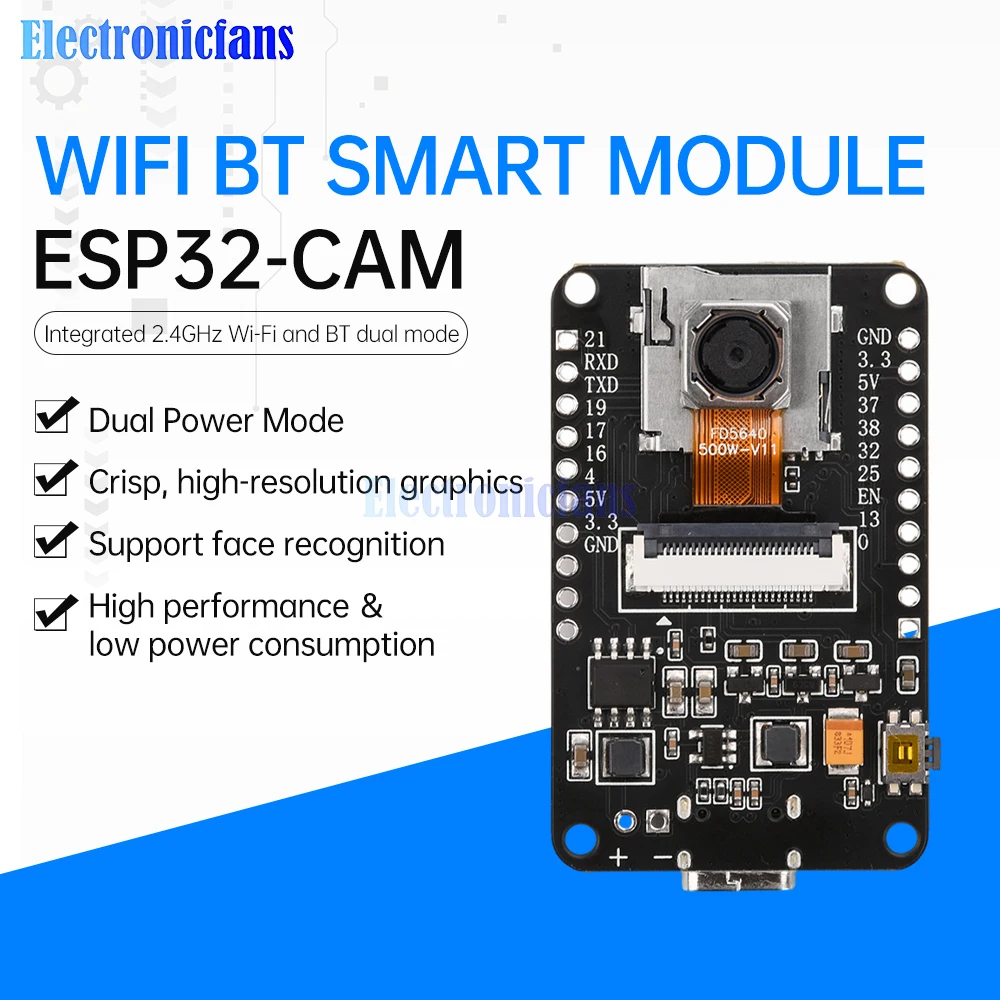 ESP32-CAM Development Board WiFi Bluetooth Module CH340X OV5640 AF-72mm Camera 500W Pixel