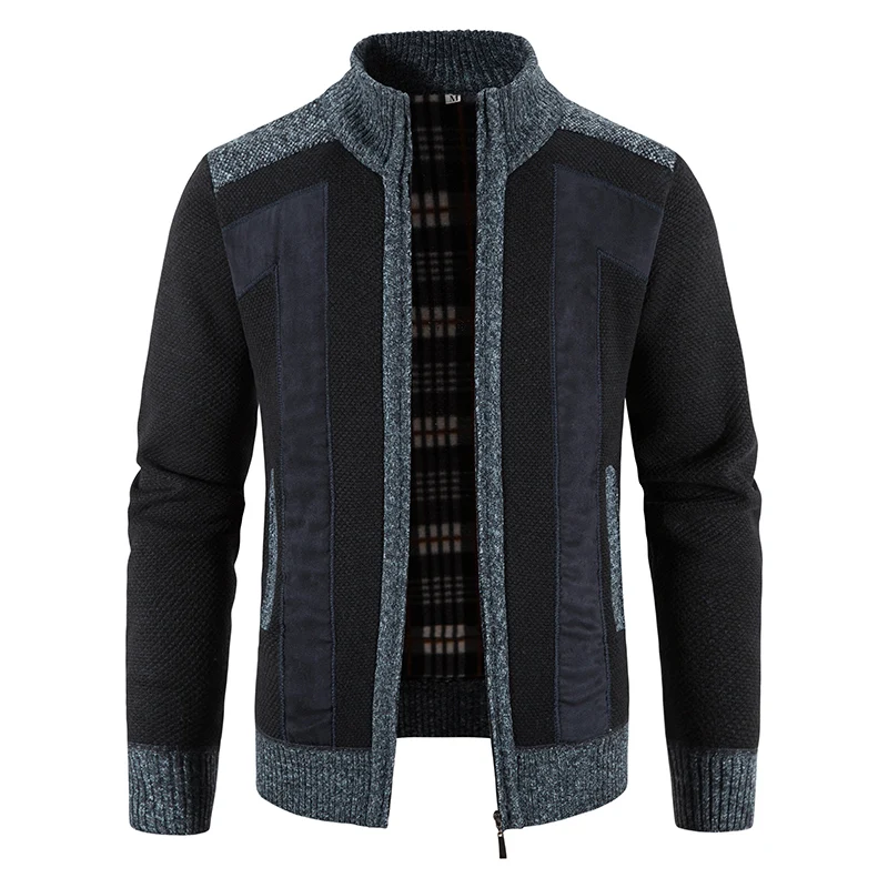 Jaqueta masculina de malha comprida com zíper, casaco patchwork, gola alta, outwear quente, jaquetas casuais, roupas masculinas, outono, inverno,