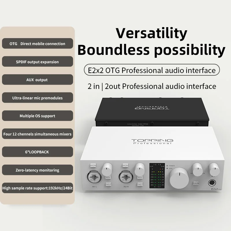 No topo E2x2 OTG profissional interface de áudio 2 em 2 out placa de som 8 DAW e 6 canais loopback, expansão de saída SPDIF, novo