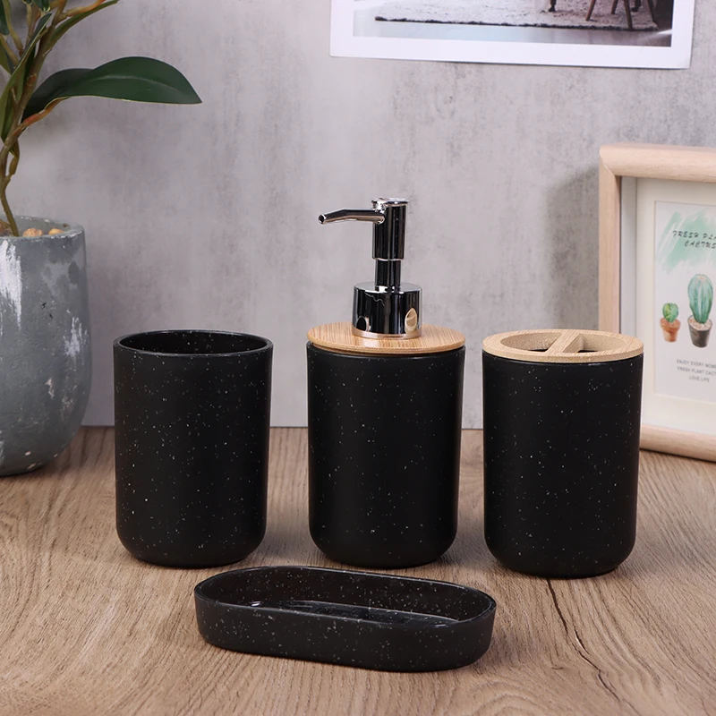 1Pc Black Bathroom Accessories Plastic Toothbrush Holder With Bamboo Cover Toothbrush Cup Lotion Dispenser Soap Box