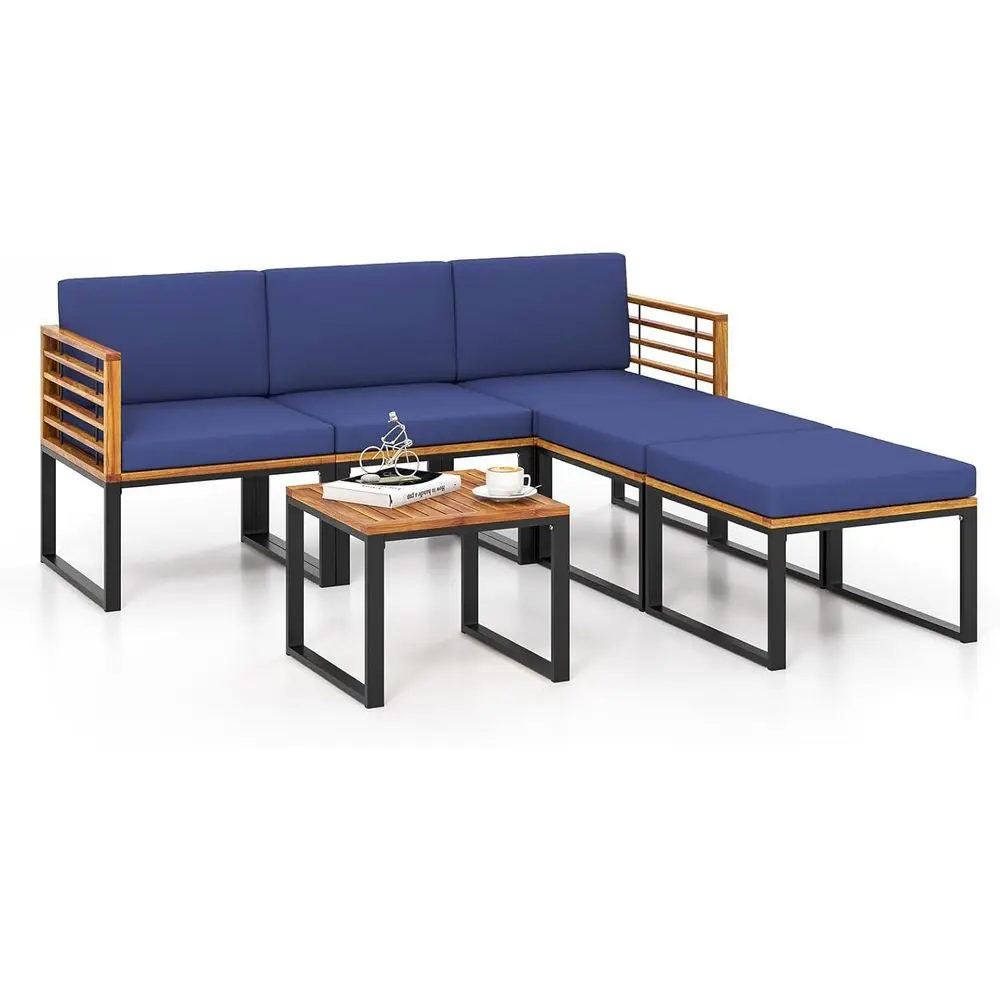 

6-Piece Acacia Wood Outdoor Sectional Sofa Set with Cushions, Coffee Table and Ottomans, Ideal for Patio, Garden, Poolside in Na