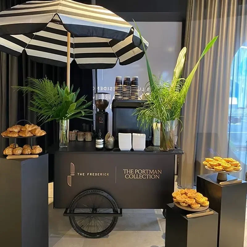 Customized commercial mobile candy cart metal cart with coffee machine