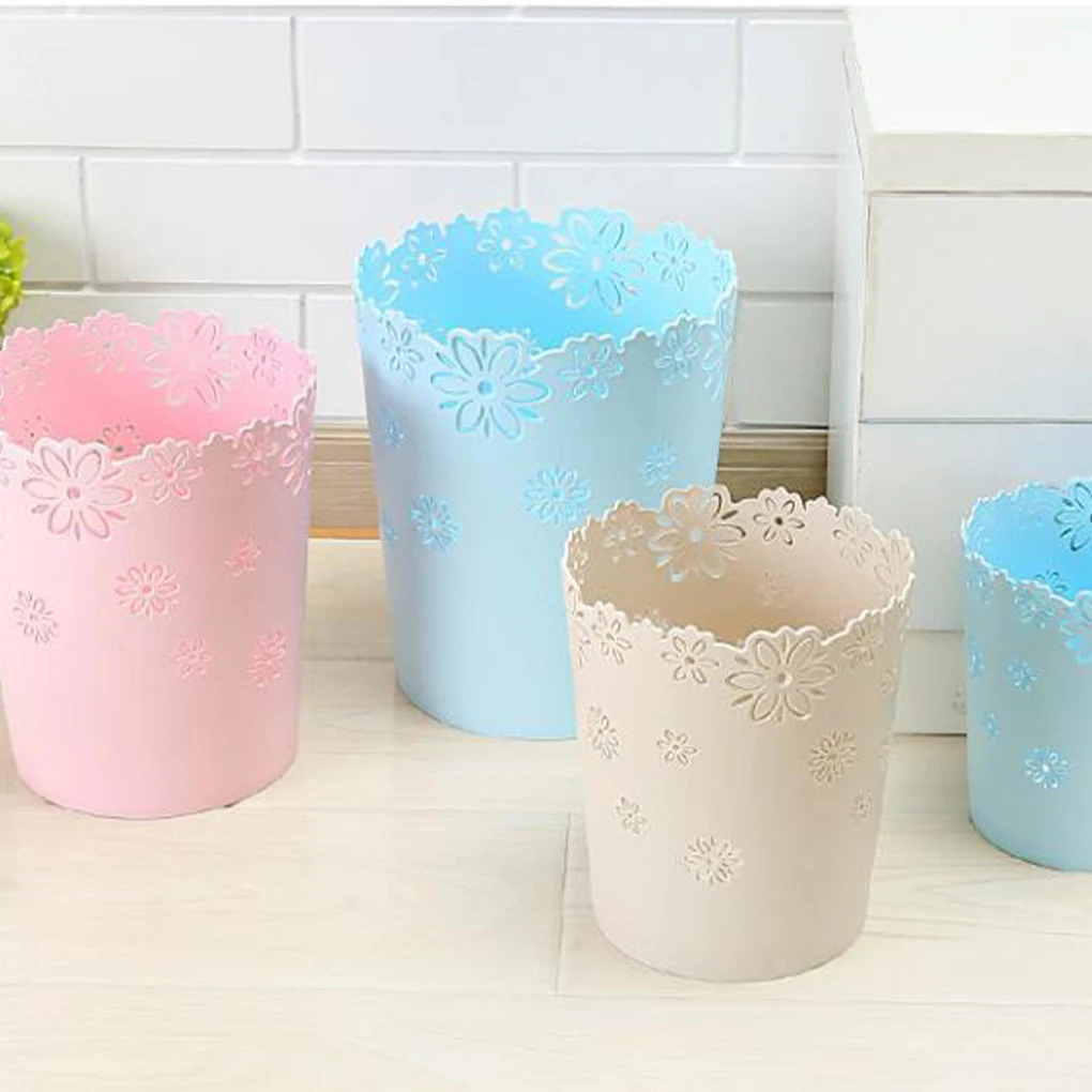Floral Garbage Can Hollow Flower Patterns Trash Can Wastebasket Home Living Room Anti-Scratch Trash Bin Pen Organizer