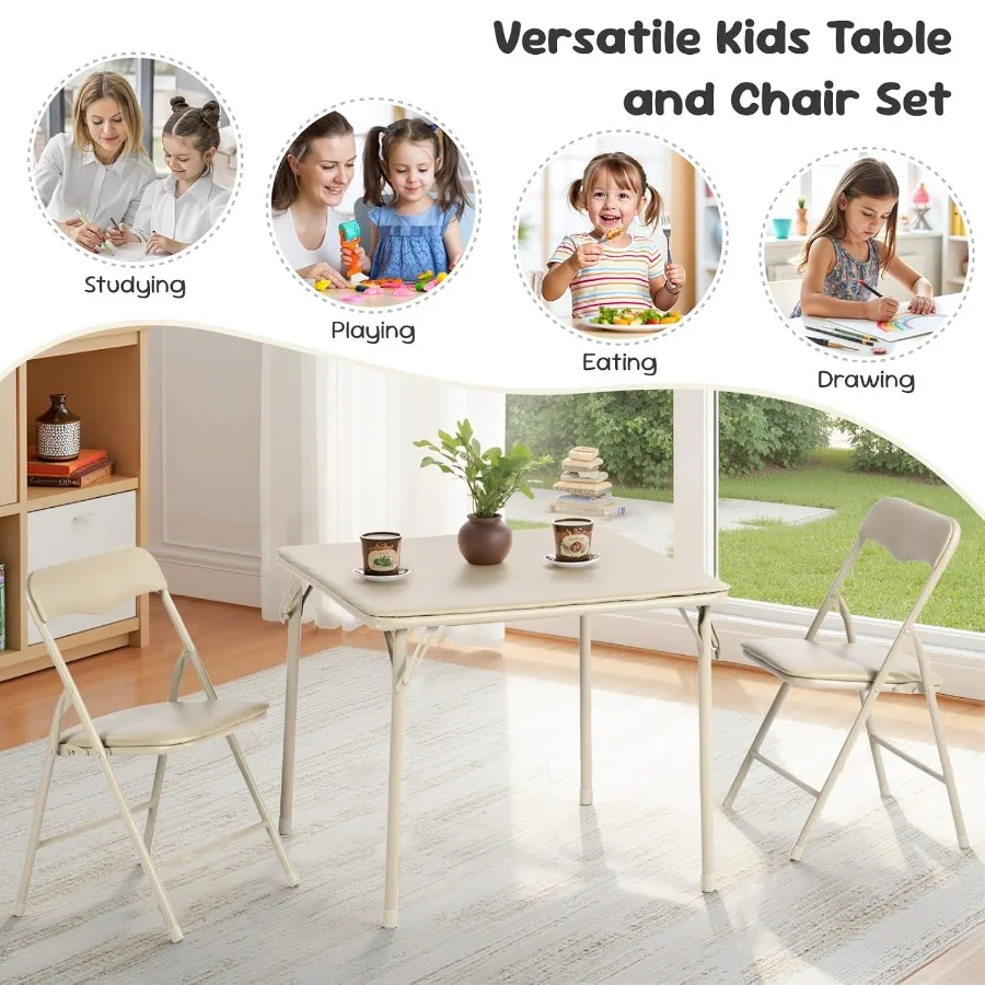 FurnitureR Klaptafel en stoelenset Kleine opvouwbare vierkante tafel en 2 stoelen PVC gewatteerde stoelen Metalen frame Ideaal voor kleuterschool