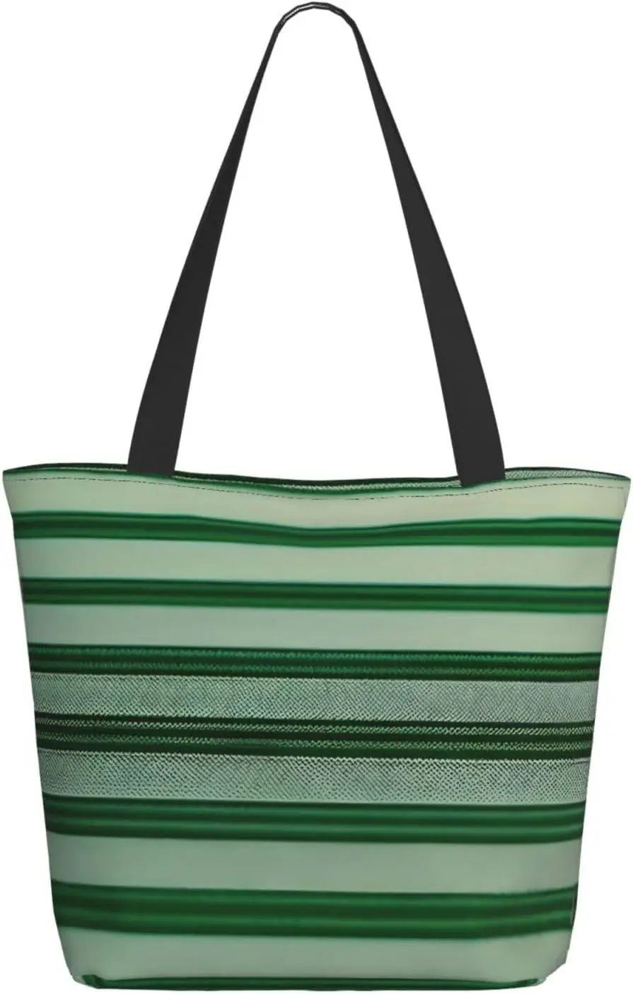 Green Striped Tote Bag with Zipper for Women Inside Mesh Pocket Heavy Duty Casual Anti-water Cloth Shoulder Handbag Outdoors