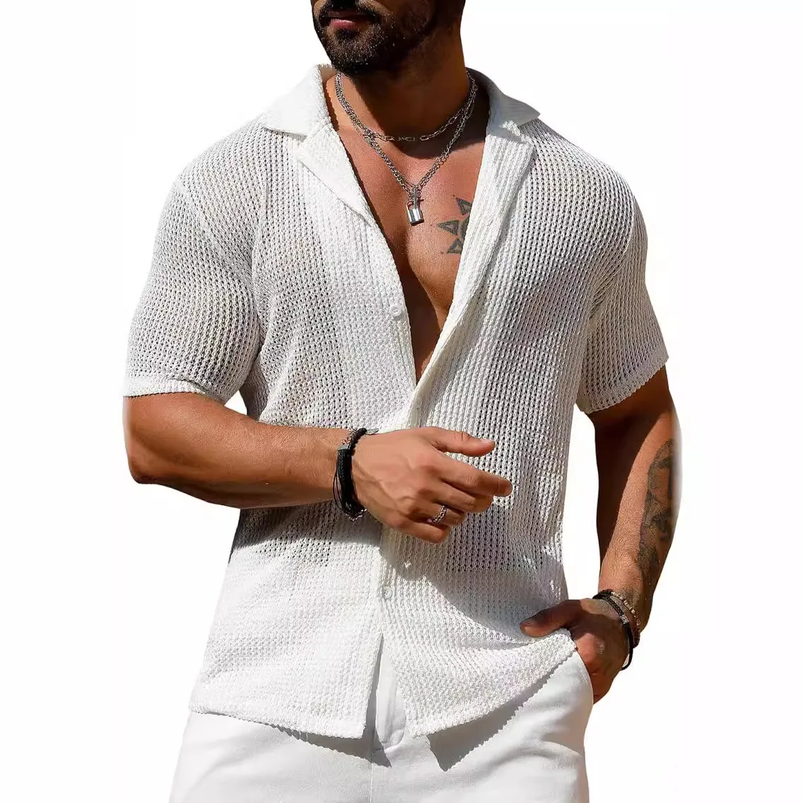 Camisa transparente oca para homens, manga curta lapela, streetwear monocromático, roupas da moda, 2024