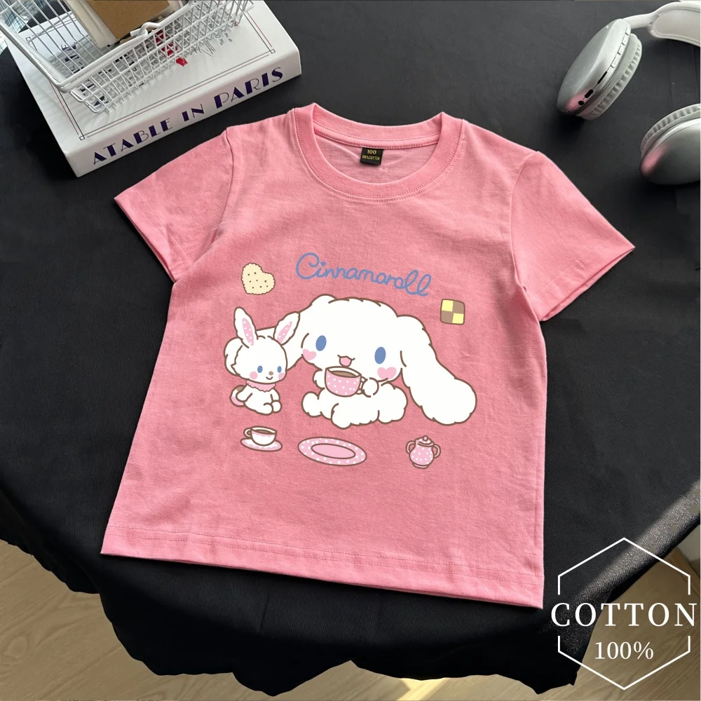 

Детская футболка Cinnamoroll из чистого хлопка, летняя детская футболка с героями мультфильмов «Hello Kitty», повседневная одежда с короткими рукавами для маленьких мальчиков, одежда для девочек