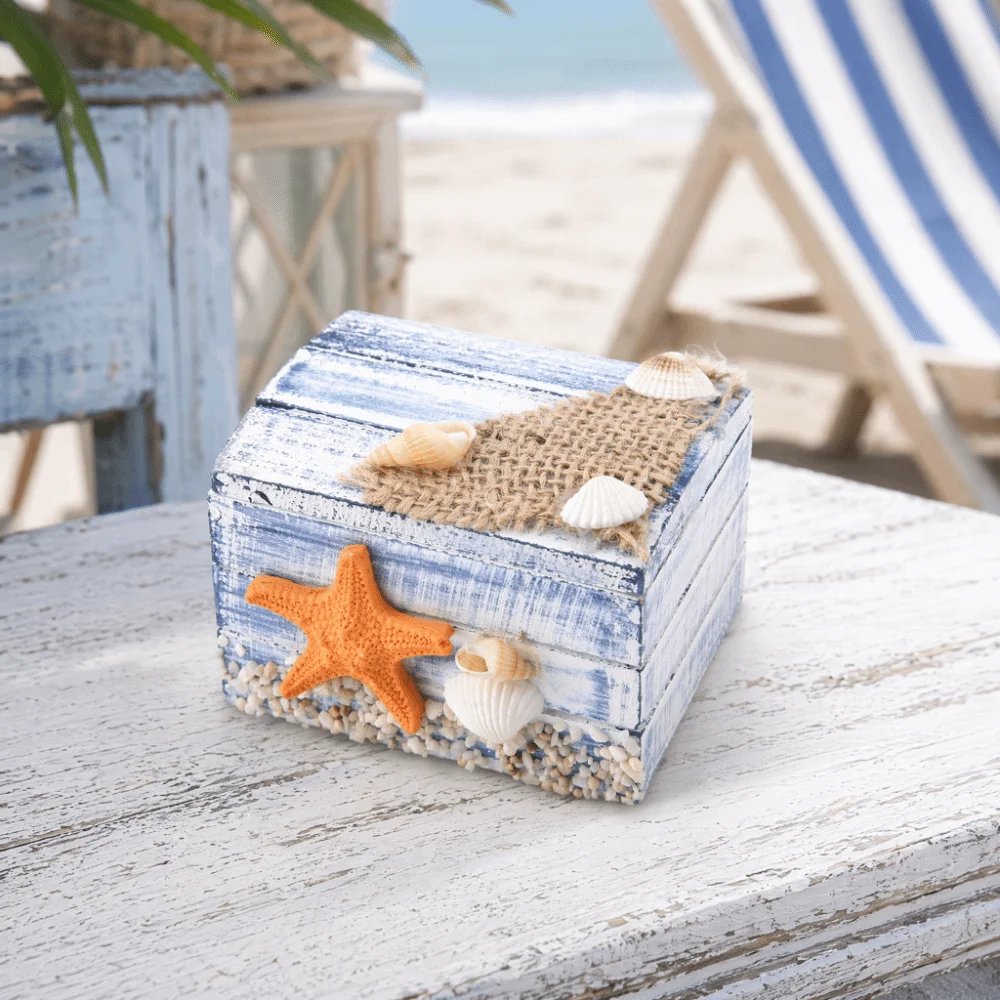 Portable Wooden Jewelry Box Small Storage Case Ocean Themed Wooden Storage Box Starfish Seashell Decor White Blue