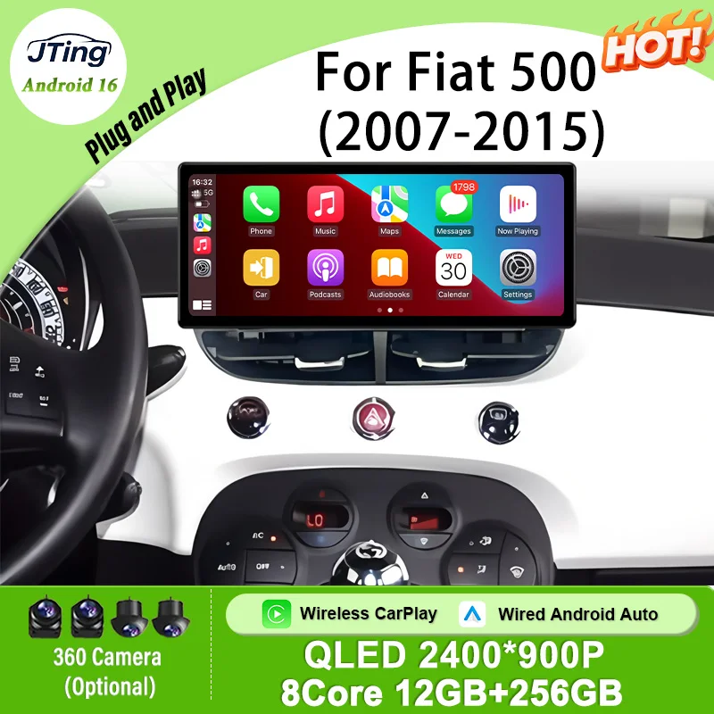 Reproductor Multimedia para Auto Android 16 de 12.3" HD para Fiat 500 2007-2015, GPS, Navegación, CarPlay Inalámbrico, Android Auto, Bluetooth, DSP, Pantalla IPS