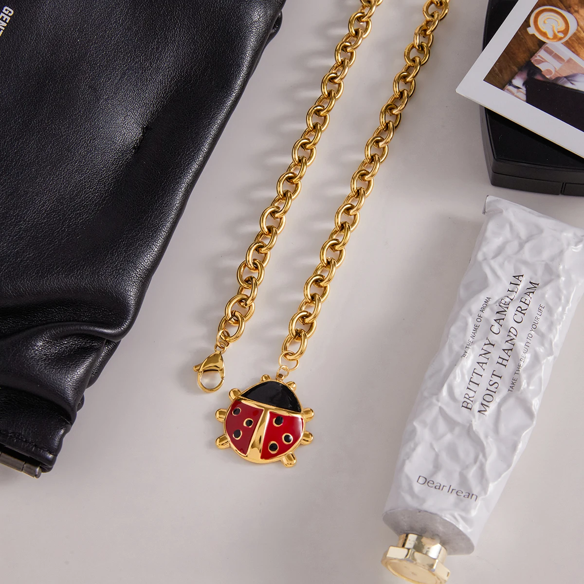 Y2K Red Black Ladybug Pendant Necklace 18K Gold Plated Stainless Steel