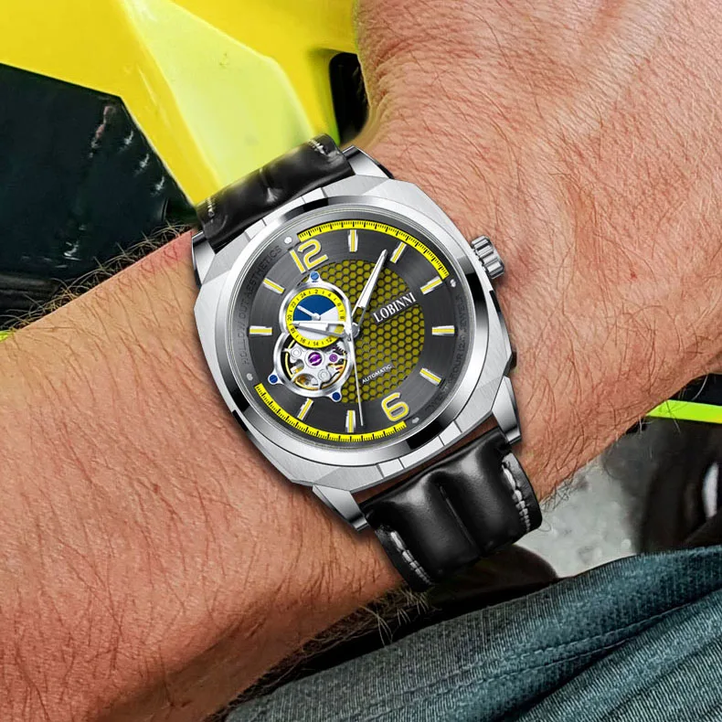 LOBINNI ساعة أوتوماتيكية للرجال 43 مللي متر ساعة يد ميكانيكية 50 متر مقاومة للماء ساعة مفرغة من الياقوت 24 ساعة